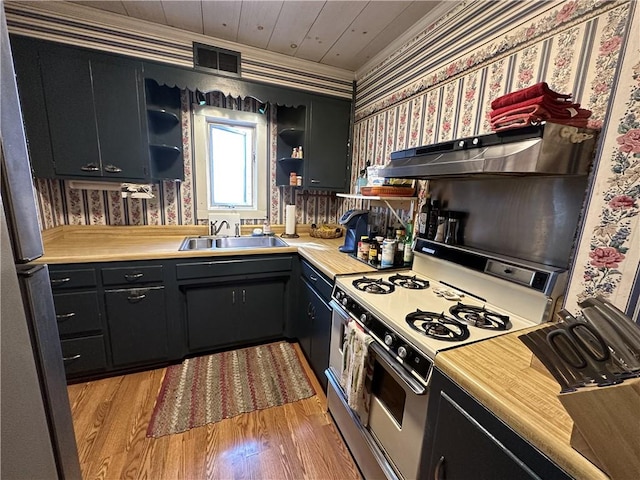 kitchen featuring stove, sink, light wood-type flooring, ornamental molding, and extractor fan