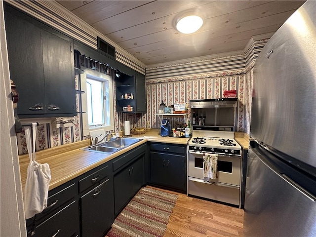 kitchen with wooden ceiling, sink, light hardwood / wood-style floors, and appliances with stainless steel finishes