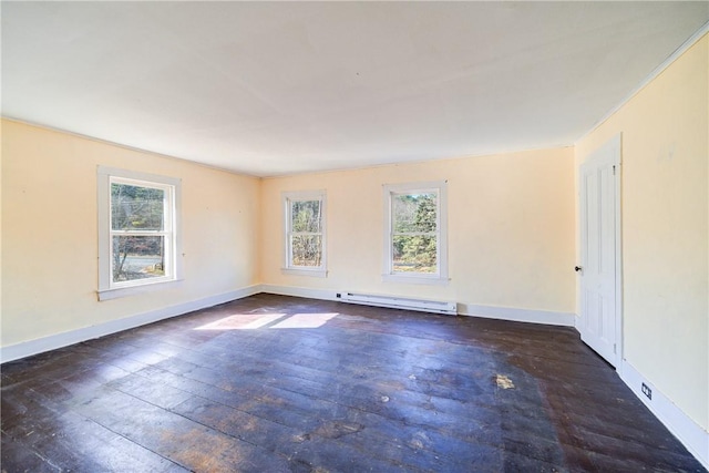 empty room featuring dark hardwood / wood-style floors and baseboard heating