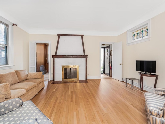 living room featuring light hardwood / wood-style floors, ornamental molding, and a fireplace