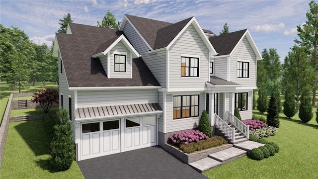 view of front of property featuring metal roof, a front yard, and driveway