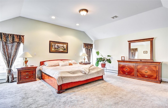 bedroom with light carpet, a baseboard radiator, and lofted ceiling