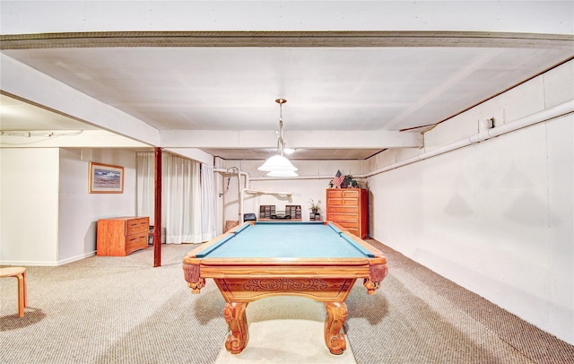 rec room featuring carpet, beamed ceiling, and pool table