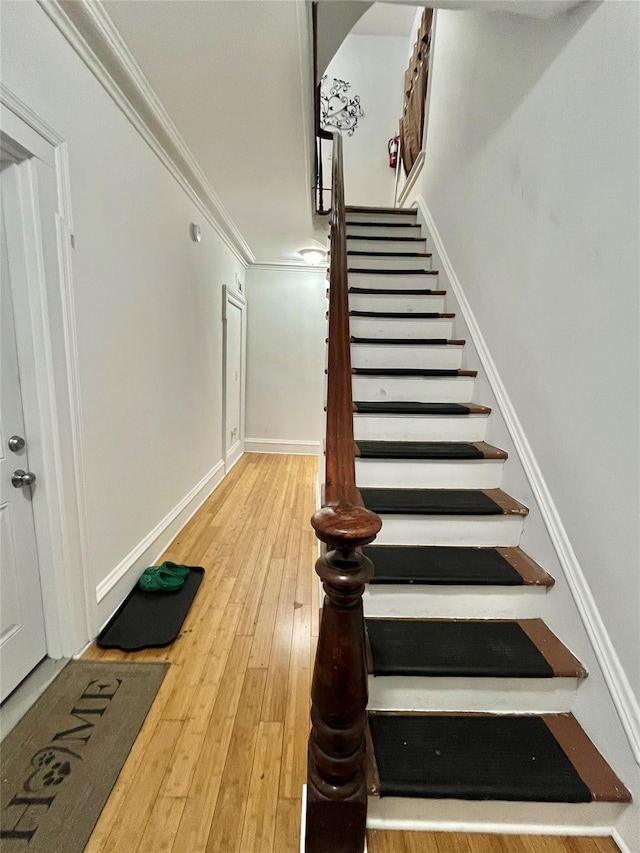 stairs with hardwood / wood-style floors and ornamental molding