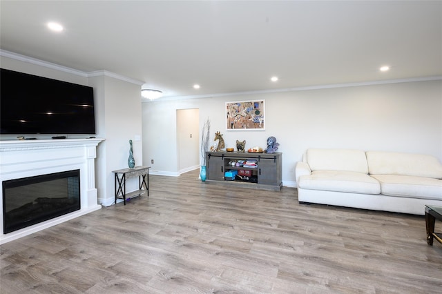 living room with light hardwood / wood-style floors and ornamental molding