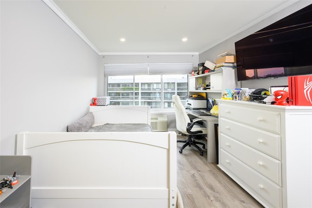 bedroom featuring light wood-type flooring and ornamental molding