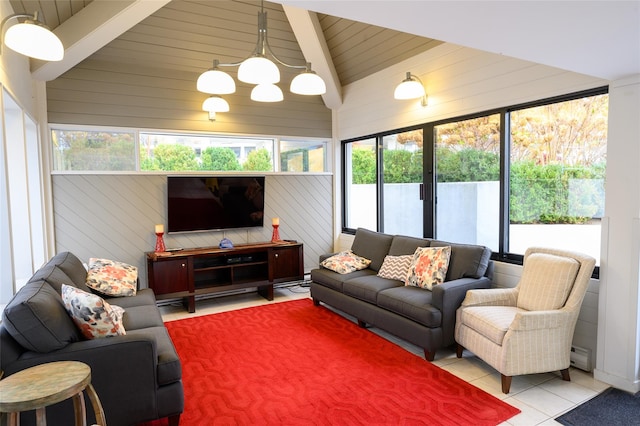 tiled living room featuring high vaulted ceiling, beam ceiling, baseboard heating, and wooden walls