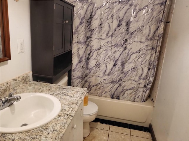 full bathroom featuring tile patterned flooring, vanity, toilet, and shower / bathtub combination with curtain