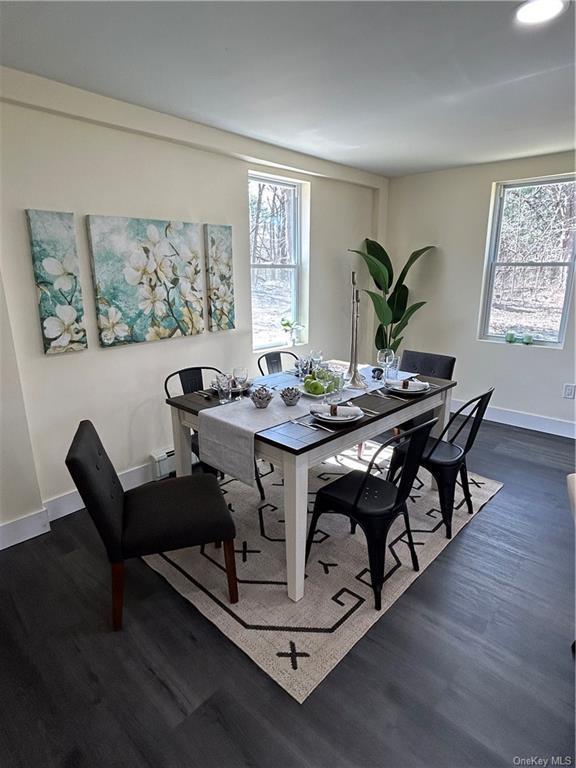 7065 Rte 209, Kerhonkson, NY 12446 - dining space featuring healthy amount of natural light, dark wood-style flooring, baseboards, and a baseboard heating unit