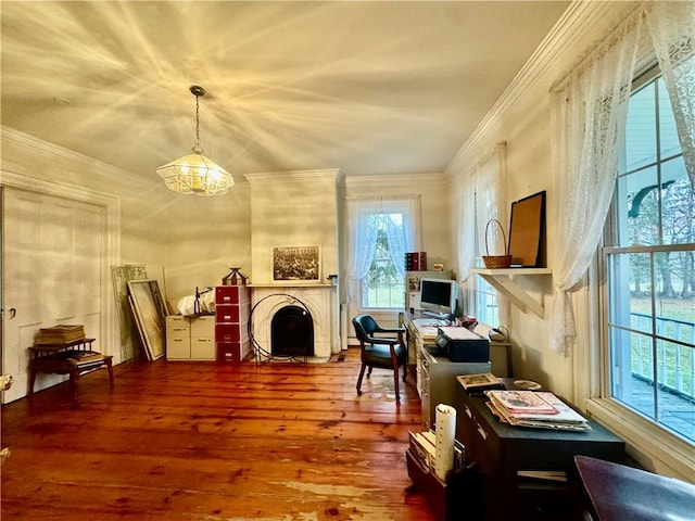 office space with hardwood / wood-style floors, plenty of natural light, and ornamental molding