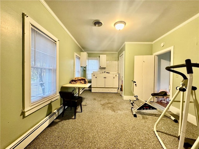 exercise area featuring baseboard heating, crown molding, sink, and light colored carpet