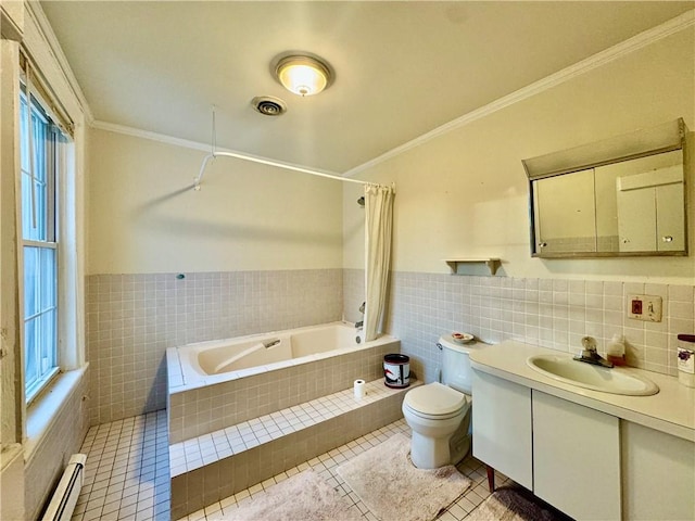 full bathroom with tile patterned flooring, a baseboard heating unit, crown molding, vanity, and tile walls