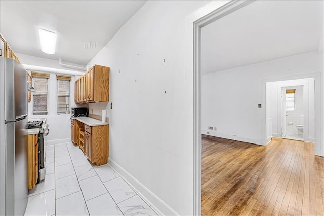 kitchen with stainless steel appliances and light hardwood / wood-style flooring