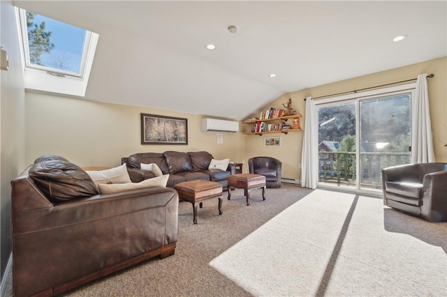 carpeted living room featuring vaulted ceiling with skylight, an AC wall unit, and baseboard heating