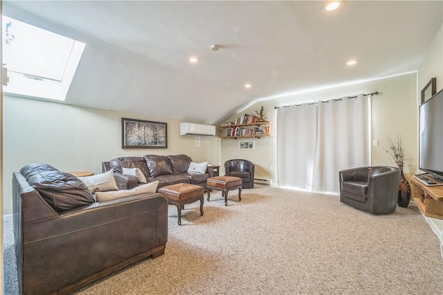 carpeted living room with lofted ceiling with skylight, baseboard heating, and an AC wall unit