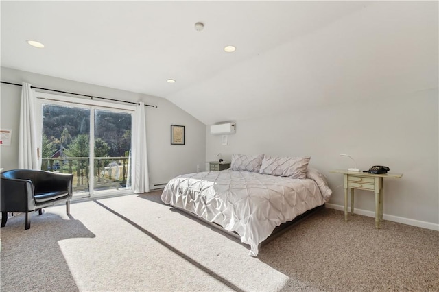 bedroom featuring vaulted ceiling, access to exterior, carpet floors, and a wall mounted air conditioner