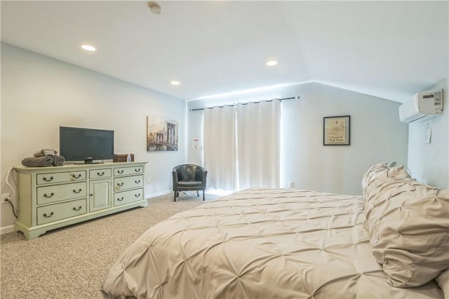 bedroom with light colored carpet, a wall mounted AC, and lofted ceiling