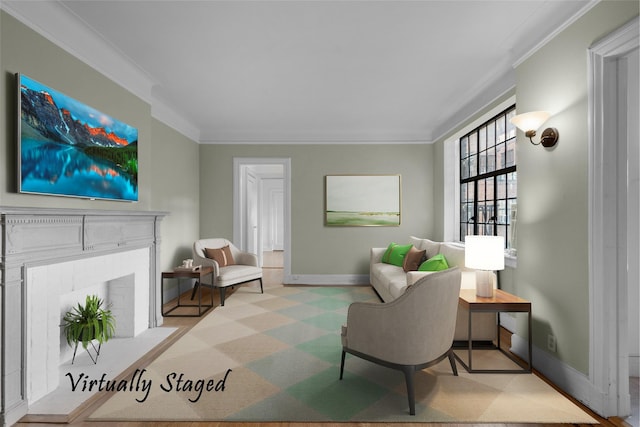 living room with a brick fireplace and crown molding