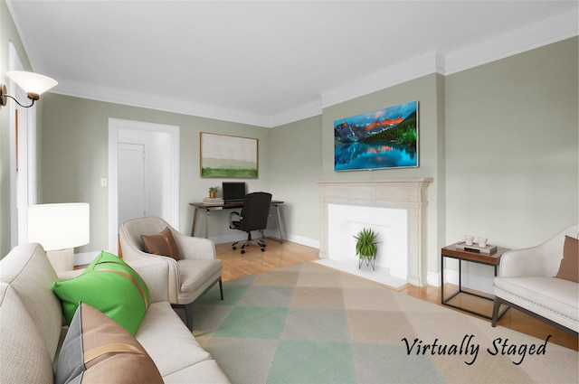 living room with light hardwood / wood-style floors and ornamental molding