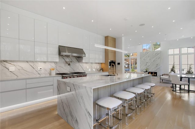 kitchen featuring a spacious island, sink, light hardwood / wood-style flooring, white cabinetry, and range hood