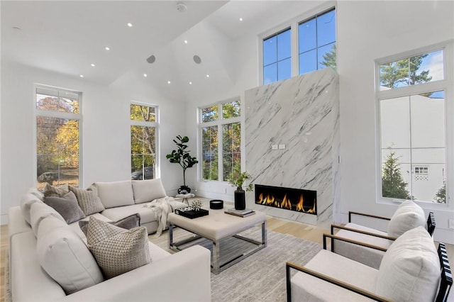 living room featuring a fireplace, a high ceiling, and light hardwood / wood-style floors