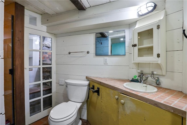 bathroom with vanity, toilet, and wooden walls