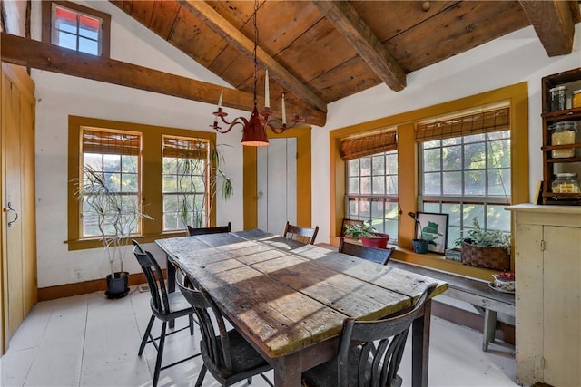 dining space with a chandelier, vaulted ceiling with beams, plenty of natural light, and wooden ceiling