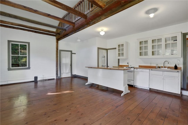kitchen featuring dark wood-type flooring, white dishwasher, sink, beamed ceiling, and white cabinetry