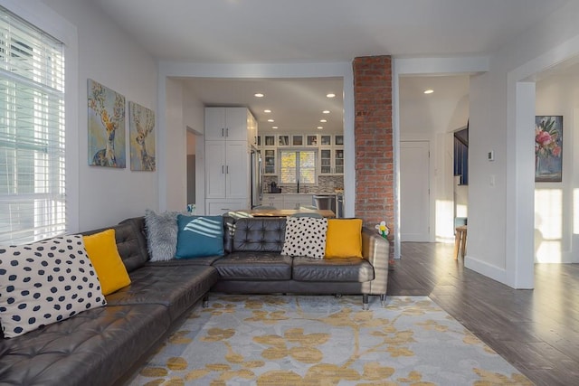 living room with wood-type flooring and sink