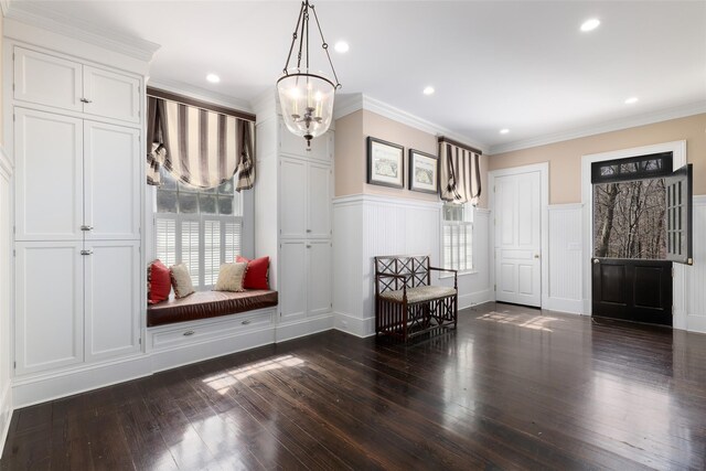 mudroom with wainscoting, dark wood-type flooring, and a decorative wall