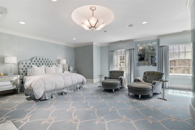 carpeted bedroom featuring recessed lighting and multiple windows