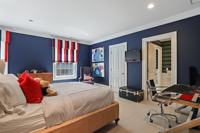 bedroom with recessed lighting, carpet, a closet, crown molding, and baseboards