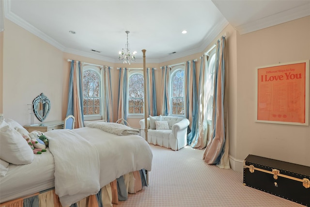 carpeted bedroom with recessed lighting, visible vents, crown molding, and an inviting chandelier