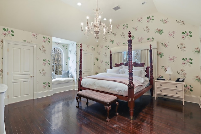 bedroom with hardwood / wood-style floors, wallpapered walls, baseboards, lofted ceiling, and visible vents