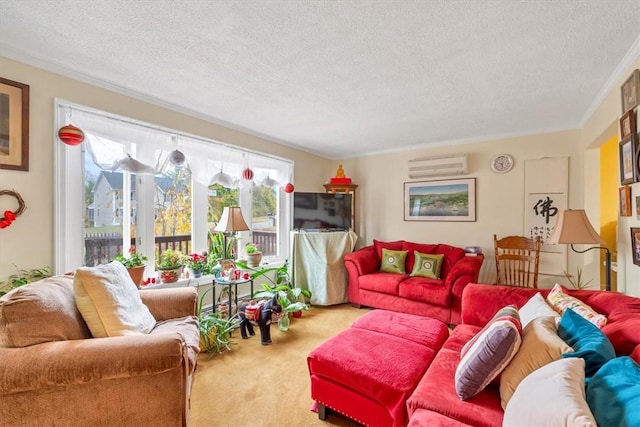 living room featuring carpet flooring, crown molding, a wall unit AC, and a textured ceiling