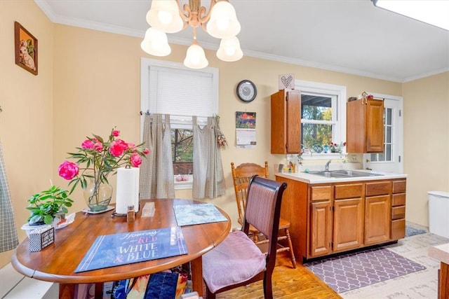 kitchen with crown molding, a wealth of natural light, sink, and hanging light fixtures