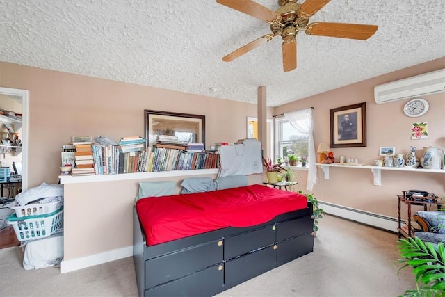 bedroom with a textured ceiling, ceiling fan, baseboard heating, and a wall mounted AC