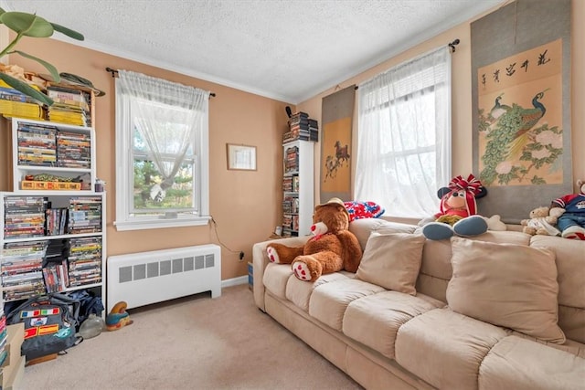 carpeted living room featuring crown molding, radiator heating unit, and a textured ceiling