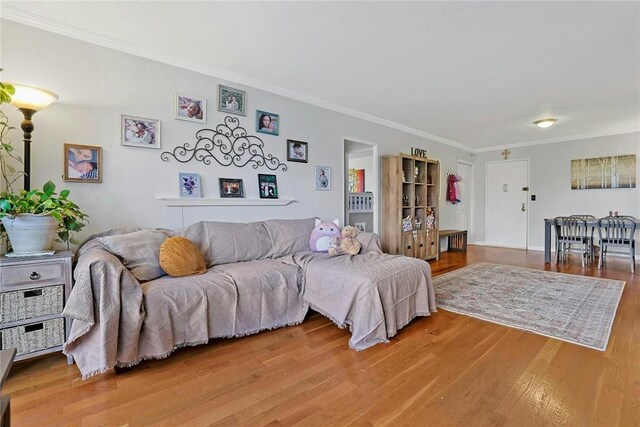 living room with hardwood / wood-style floors and crown molding