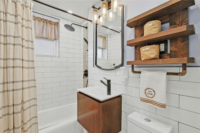 full bathroom featuring sink, shower / bath combo, tile walls, and toilet