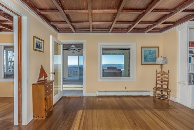 interior space featuring hardwood / wood-style floors, a baseboard radiator, beam ceiling, and wood ceiling