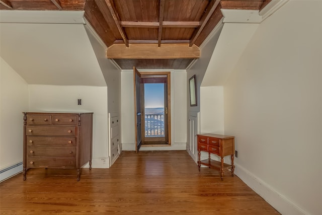 hall featuring hardwood / wood-style flooring, lofted ceiling with beams, wooden ceiling, and baseboard heating