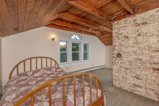 carpeted bedroom featuring vaulted ceiling with beams, wooden ceiling, and a baseboard heating unit