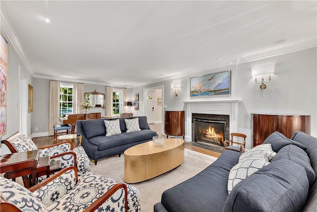 living room with crown molding