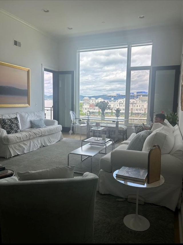 living room featuring visible vents, crown molding, and a city view