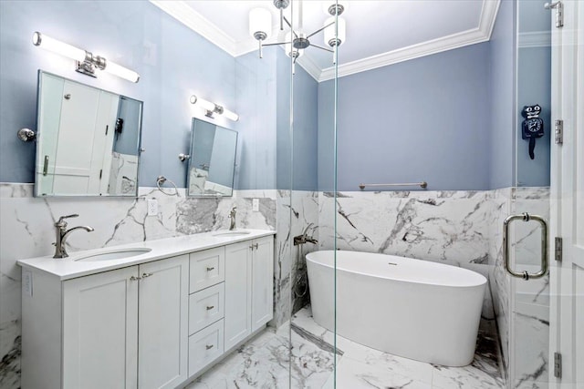 bathroom featuring crown molding, vanity, a bath, and tile walls