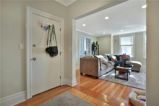 living room featuring wood-type flooring and crown molding