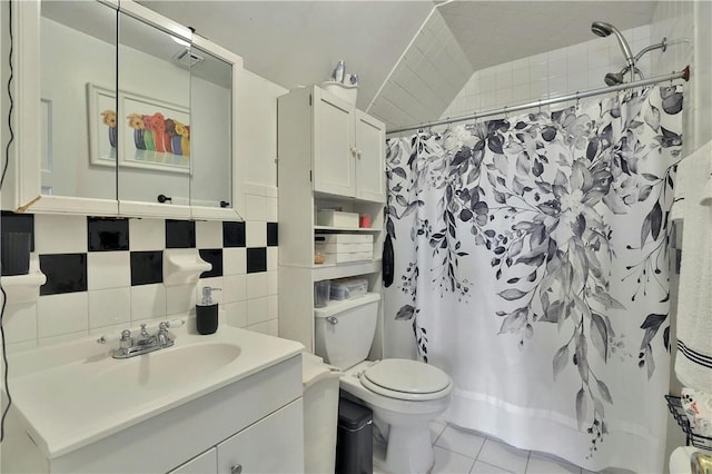 bathroom featuring decorative backsplash, a shower with curtain, vanity, tile patterned flooring, and toilet