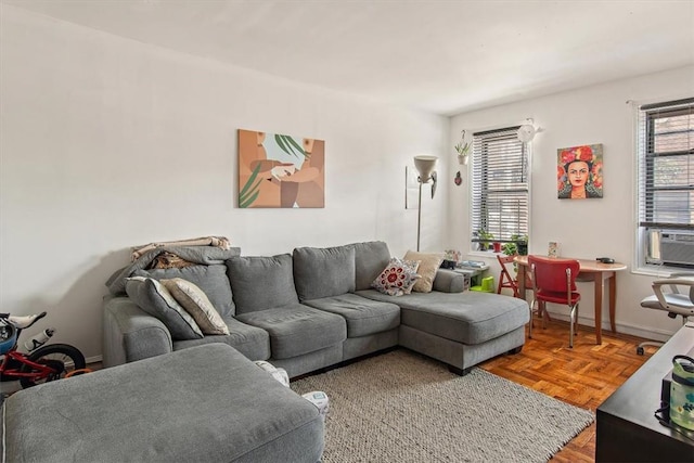 living room with parquet flooring