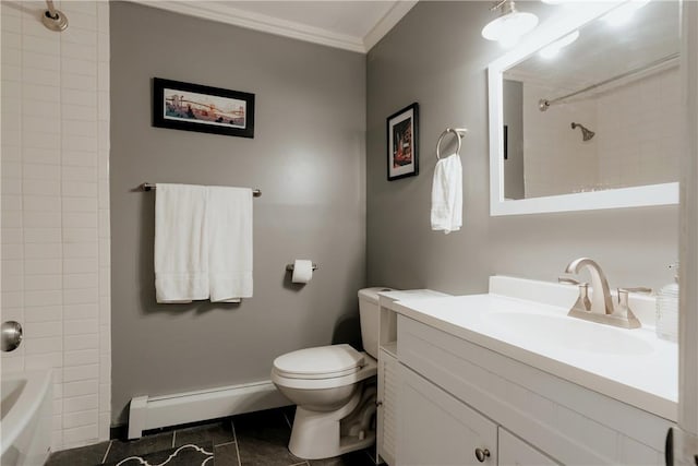 full bathroom featuring vanity, a baseboard heating unit, crown molding, tile patterned flooring, and toilet